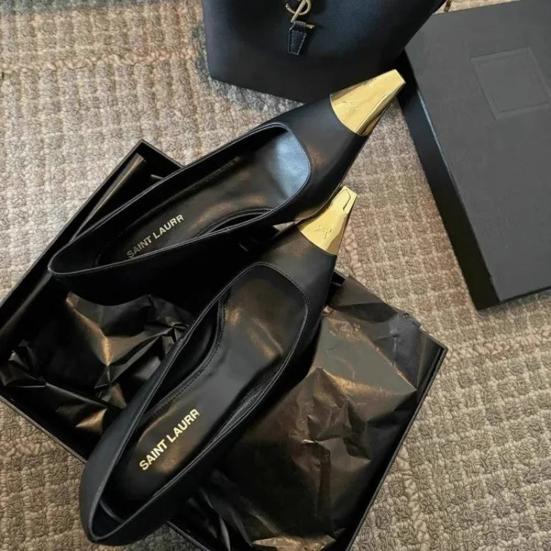 Heels & Pumps — Metallic Pointed-Toe Stiletto Heels, Spring Leather Non-Slip Shallow Pumps — view 3 of heels & pumps