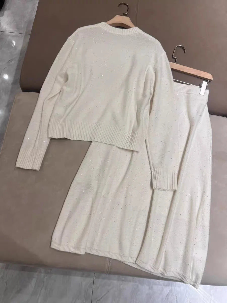 Women Sequin Cashmere Knitted Set A-Line Elastic Waist Midi Skirt or O-Neck Long Sleeve Sweater Elegant Autumn Winter Suit