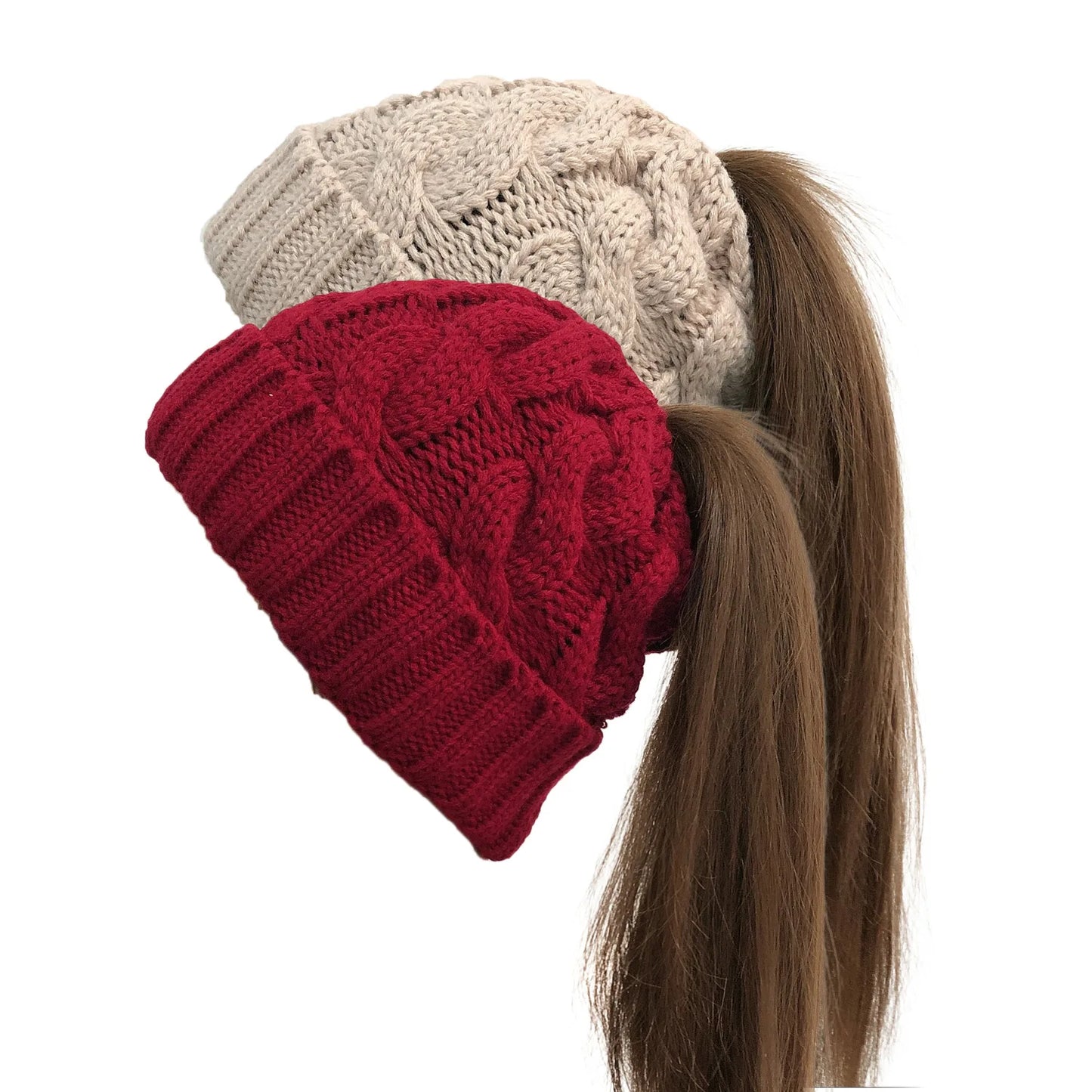 Women Winter Hats Beanies Knitted Girls Cap Twist Crochet Winter Hats For Female Pompom Beanie Ear Braid Ponytail Hat Skullies