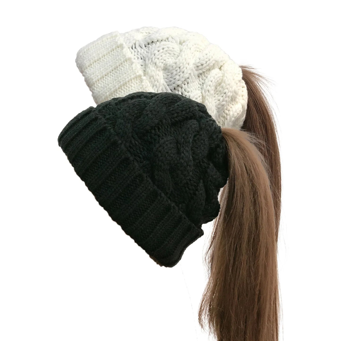 Women Winter Hats Beanies Knitted Girls Cap Twist Crochet Winter Hats For Female Pompom Beanie Ear Braid Ponytail Hat Skullies