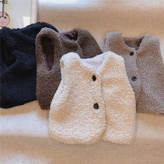 Autumn Winter Girls Boys Plush Vest Baby Plus Velvet Waistcoat Single Breasted V Neck Child Warm Fashion Warm Teddy Hair Coat