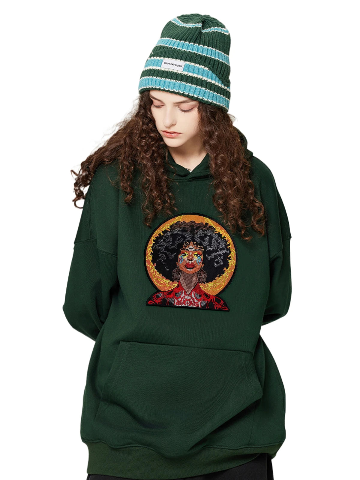 Afro Women Embroidery Pattern Hoodies Women Hoodie Retro Versatile Long Sleeved Pullover Loose Hip Hop Sweatshirt Cool