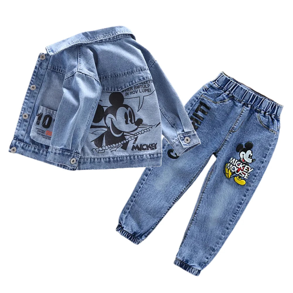 New Children Clothing Sets Spring Autumn Kids Boys Cartoon Mickey Mouse Cotton Denim Jacket Coat + Jeans Pants 2pce Casual Suits