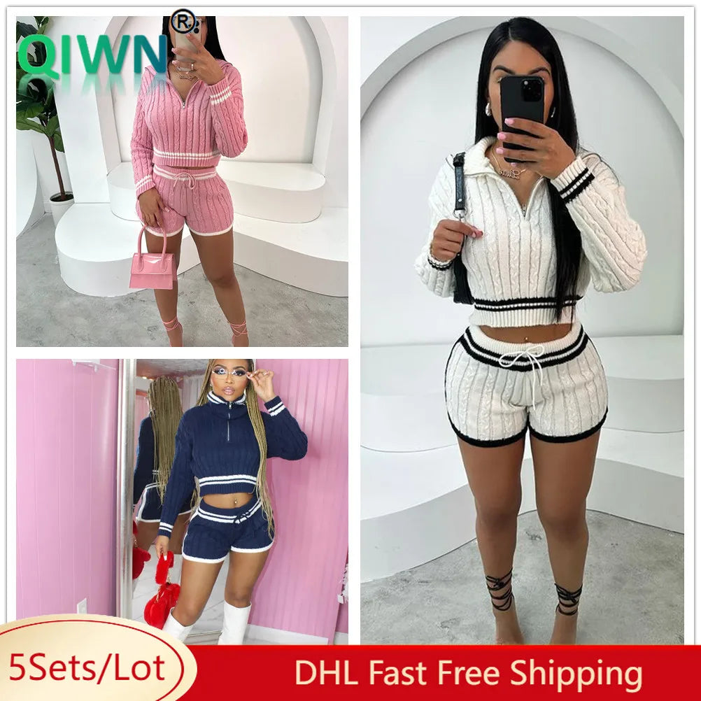 5Sets Bulk Wholesale Twist Knitting Outfit Casual Zipper Pullover Sweater + Drawstring Shorts Suit Women Fall Winter 2 Piece Set