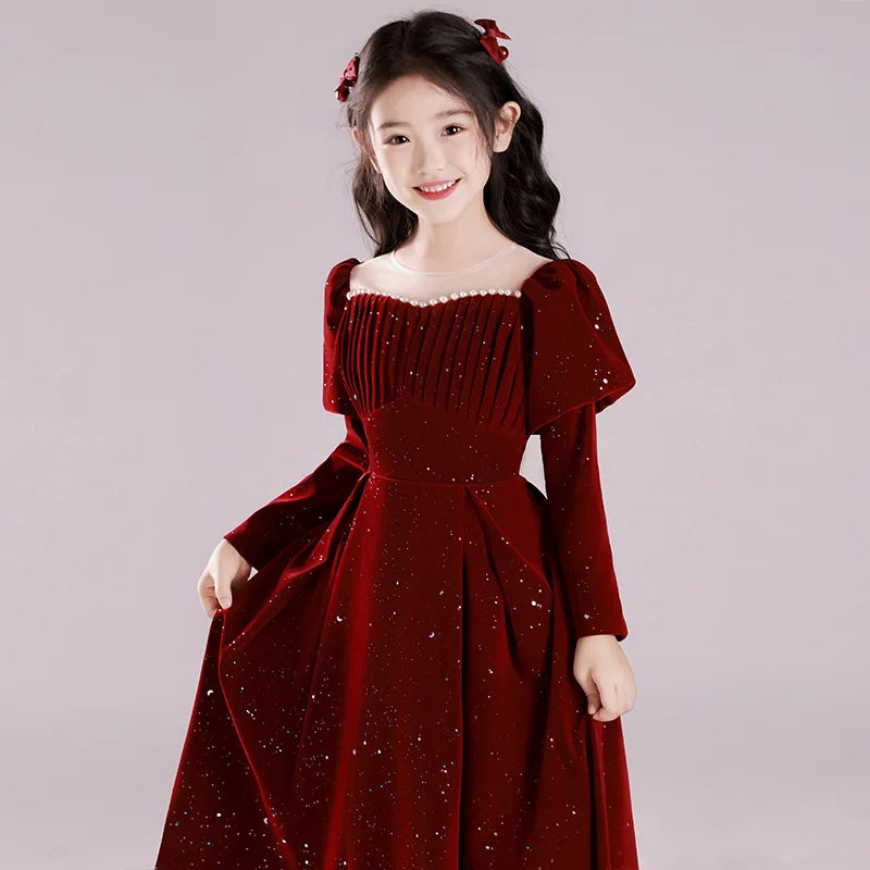 Teenmiro Hostess Costume for Children Girls Chinese New Year's Party Dress Infants Red Sequins Beading Ball Gown Teens Partywear