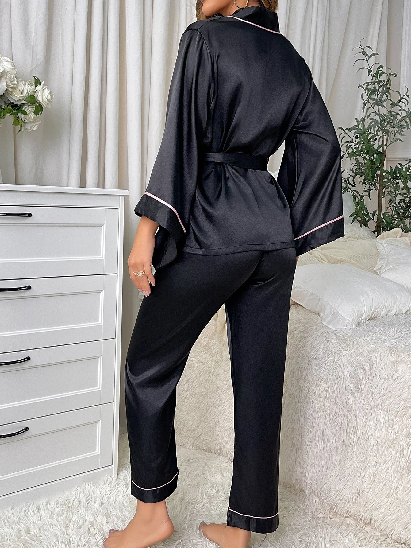 Simple Satin Pajama Set Long Sleeve Robe With Belt V Neck Elegant Loungewear Women's Sleepwear