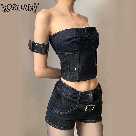 RORORIRI Steampunk Studded Corset Top Denim Shorts Women 2-piece Set Low Rise Short Pants Spliced Tube Top Retro Y2k Streetwear