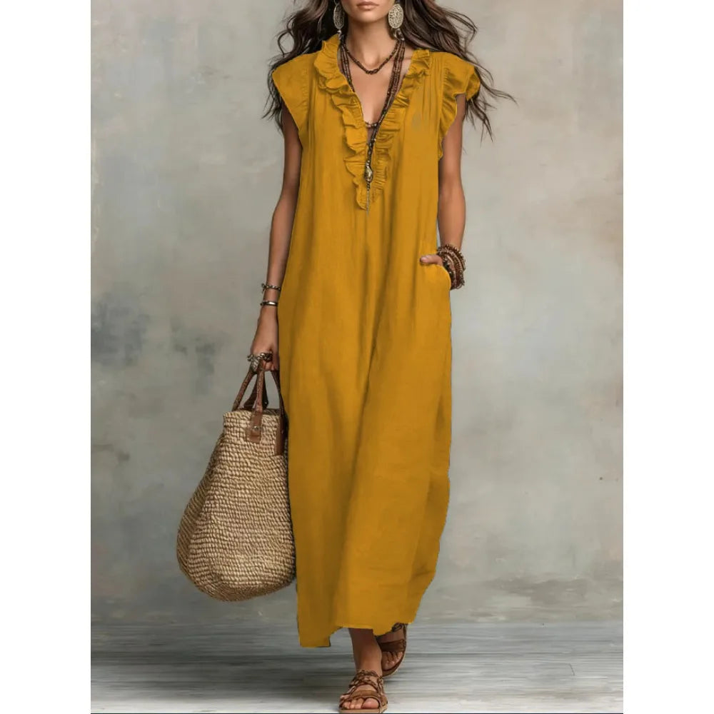 Women's Boho Linen-Blend Ruffle Maxi Dress, V-Neck & Pockets — view 10 of dresses