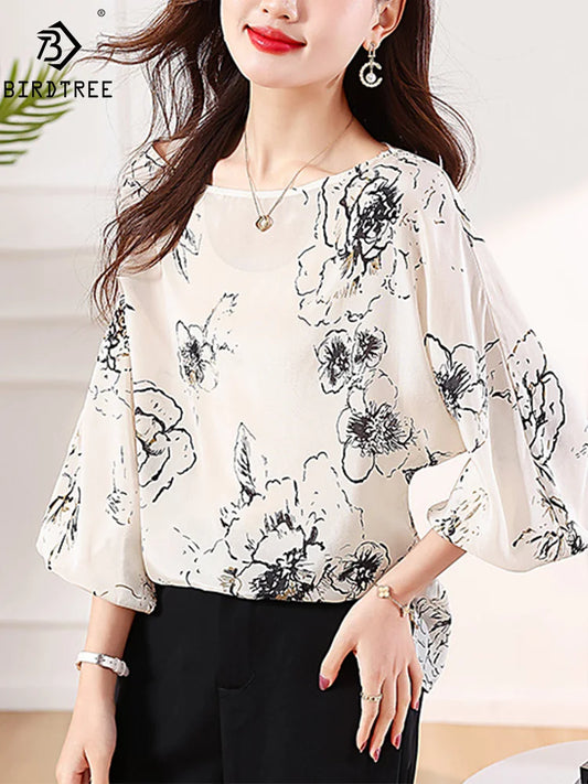 BirdTree 100% Real Silk Long Sleeve Blouse – Elegant O-Neck Printed Loose Shirt for Women (2024)