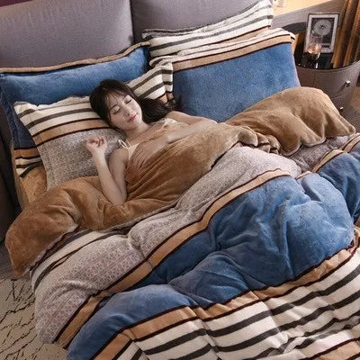 Coral Fleece Four-Piece Set Winter Thicken Thermal Double-Sided Flannel Bed Sheet Leopard Quilt Cover Milk Fiber Bedding