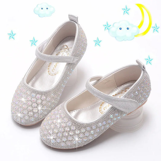 Children Fashion Mary Janes for Party Wedding Shoes for Girls Hinestone Bling Elegant Princess Chic Kids Non-slip Leather Shoes