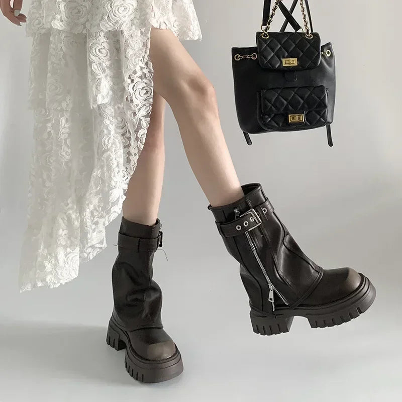 Women's Biker Boots — Belt-Buckle Platform Ankle Booties with Plush Winter Lining — view 3 of boots