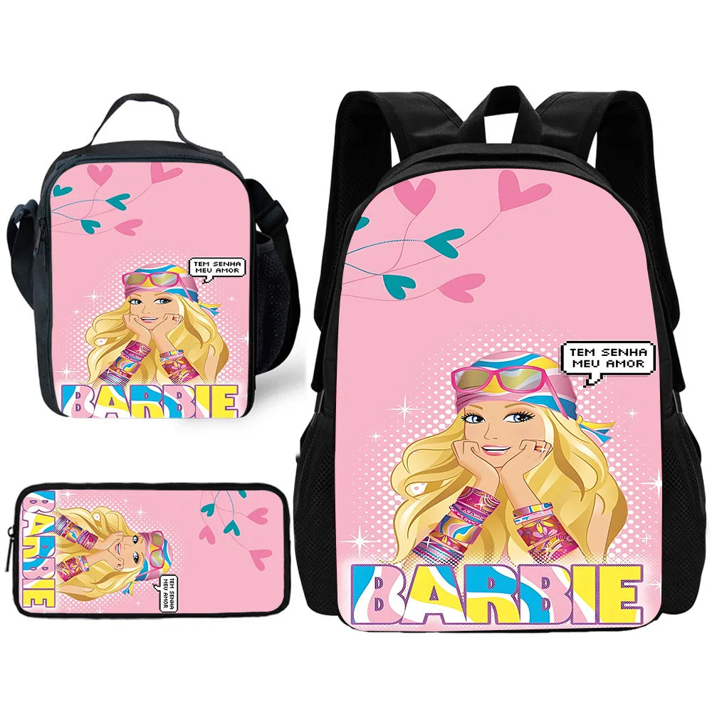 Barbie Child School Backpack with Lunch Bags ,Pencil Bags ,School Bags for Boys Girls Best Gift