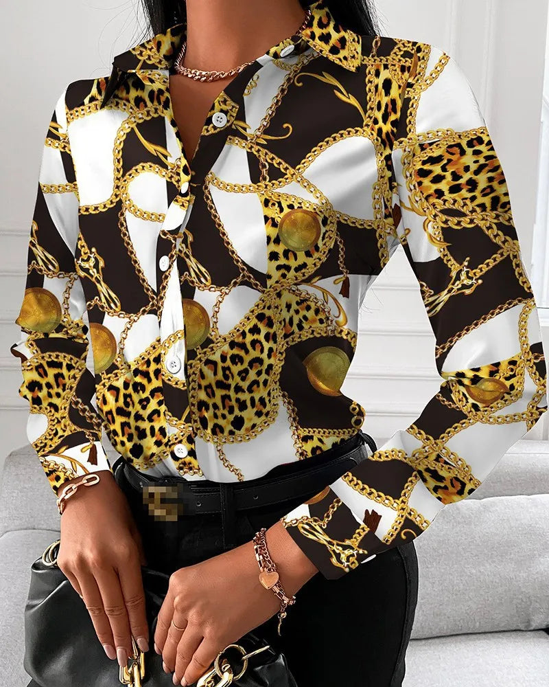 Women casual office printed shirt spring and autumn fashionable button up long sleeved shirt elegant splicing slim fit top women