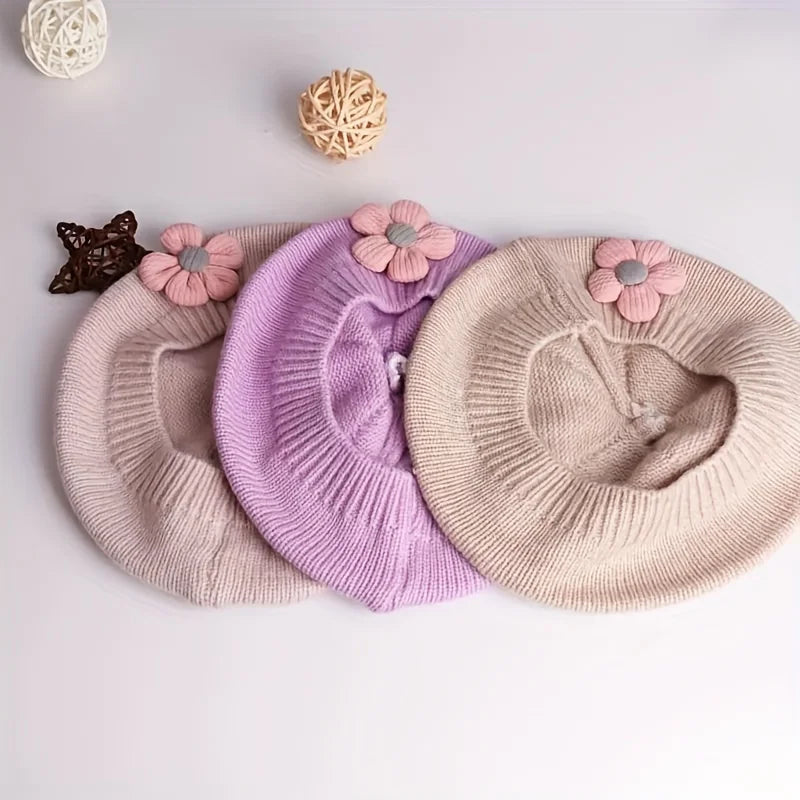 Flower Baby Beret Hat - Knitted Painter Cap for Infant Girls, Cute Toddler Princess Beret — view 4 of baby hats