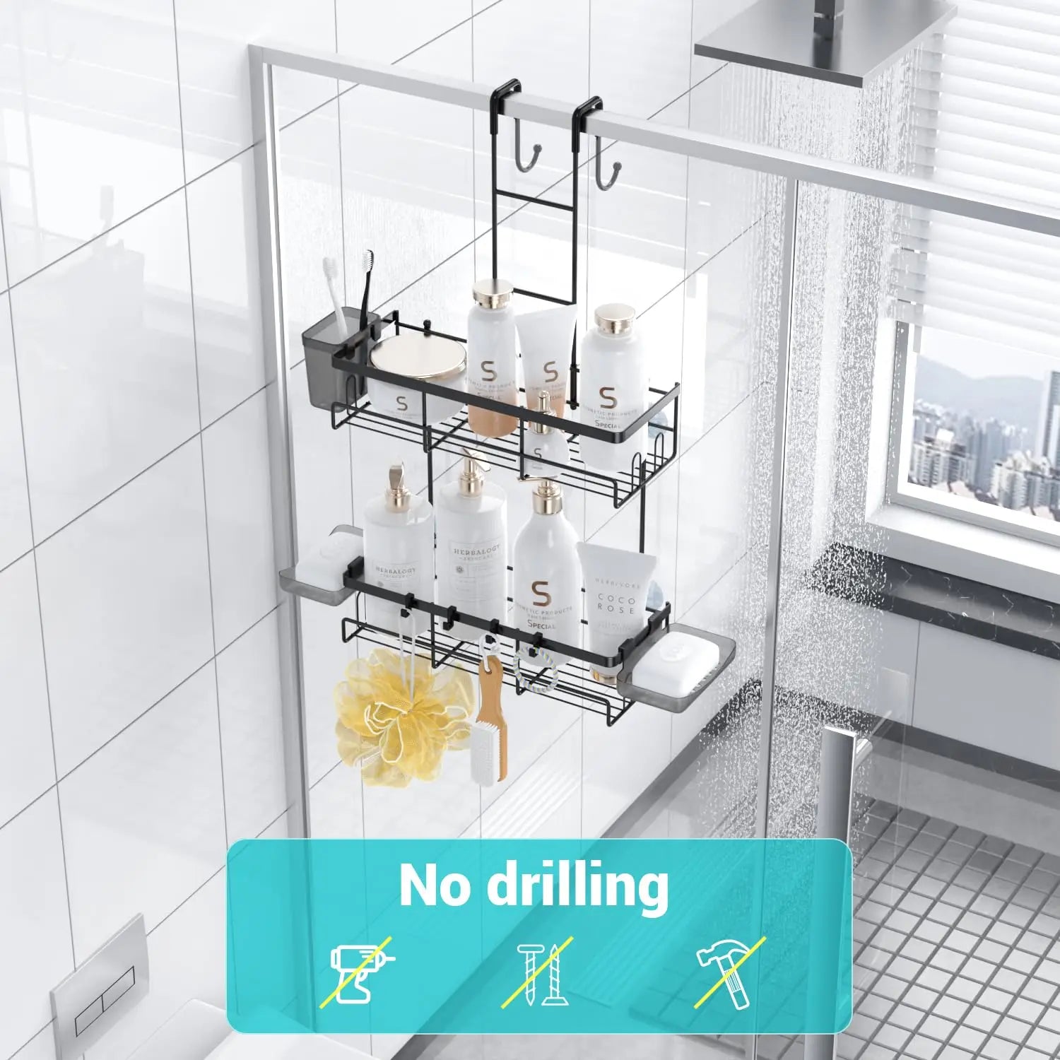 No-Drill Adhesive Shower Caddy, Removable Bathroom Organizer — product photo 4