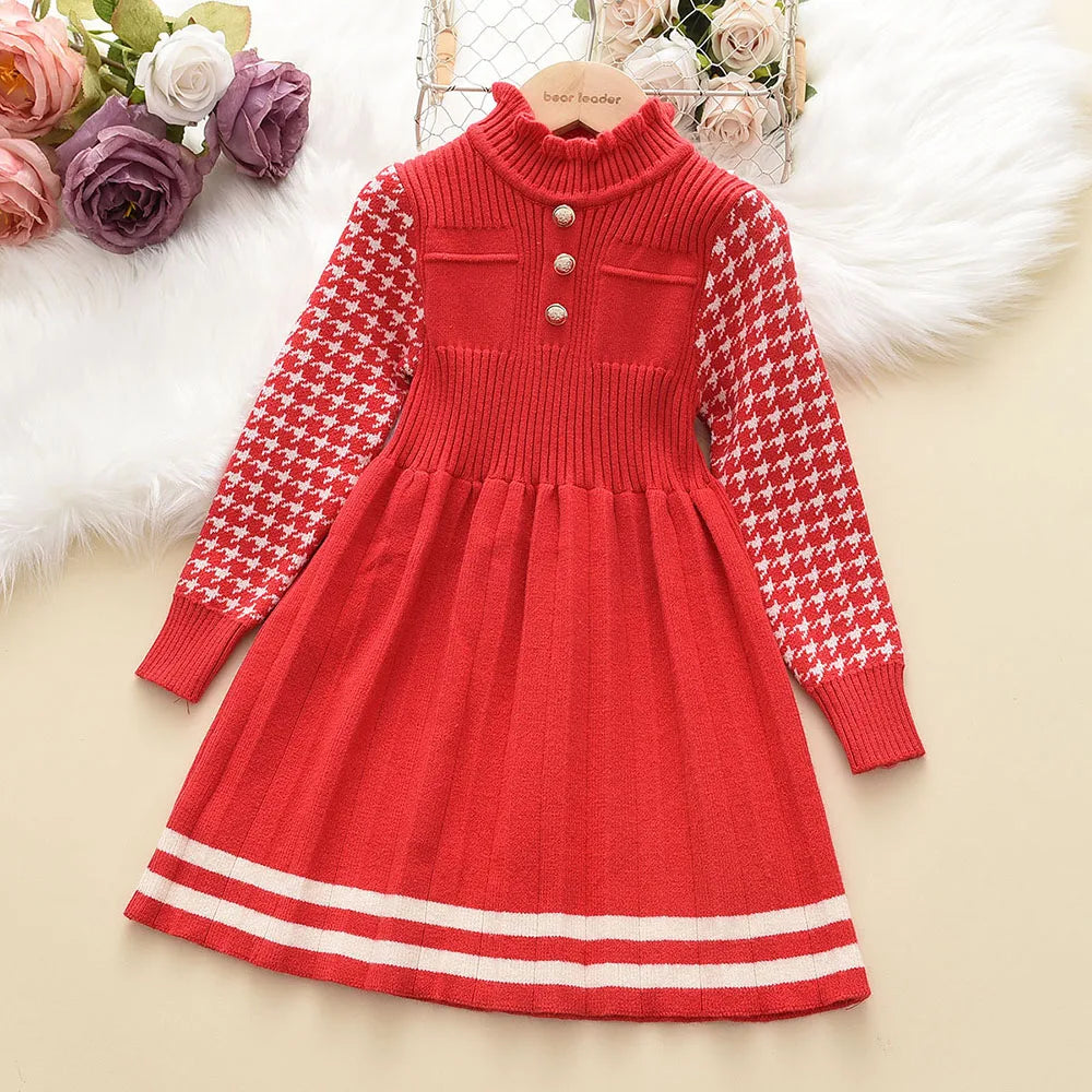 Bear Leader Girls' Knitted Sweater Dress – Autumn Winter Princess Party Outfit (4-8Y)