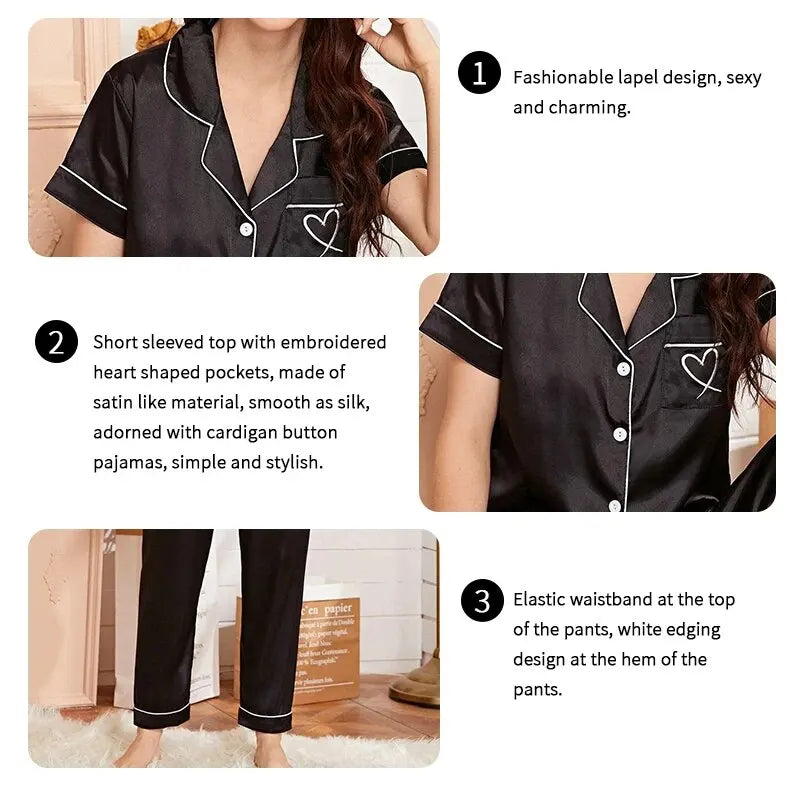 Women's Pajama Pocket Heart Embroidered Pajama Set Satin Comfortable Short Sleeve Button Pajama