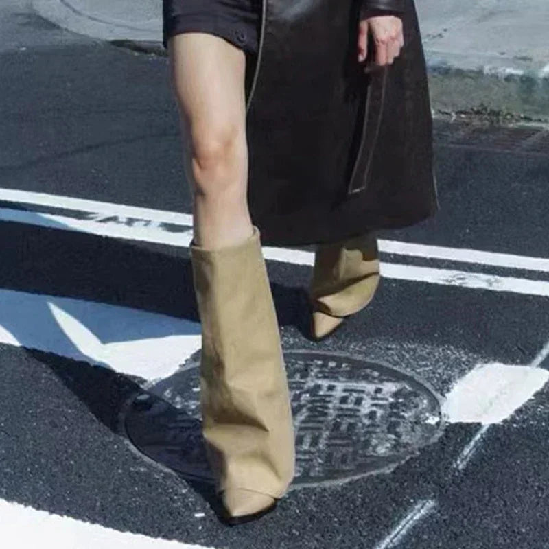 Knee-High Heeled Boots — Leather-Look Chunky Pointed-Toe Long Boots — view 4 of boots