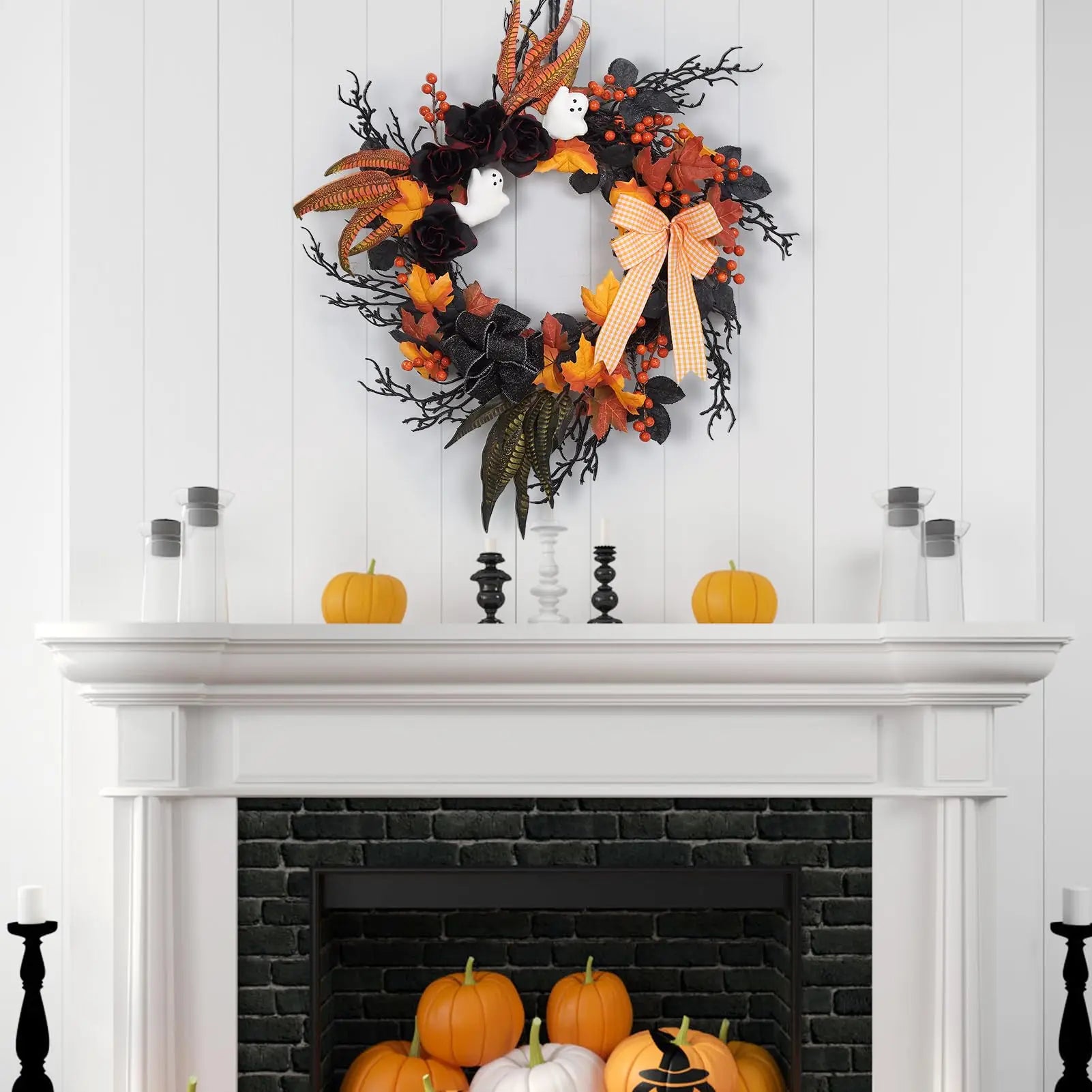 26-Inch Halloween Ghost Wreath for Front Door with Black Roses — product photo 1