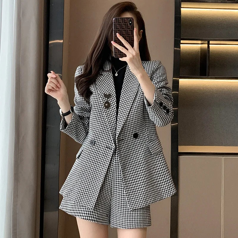 Tesco Plaid Blazer and Shorts Pant Suit For Women Fashion Casual Women Set for Office Lady  Form party chandal mujer