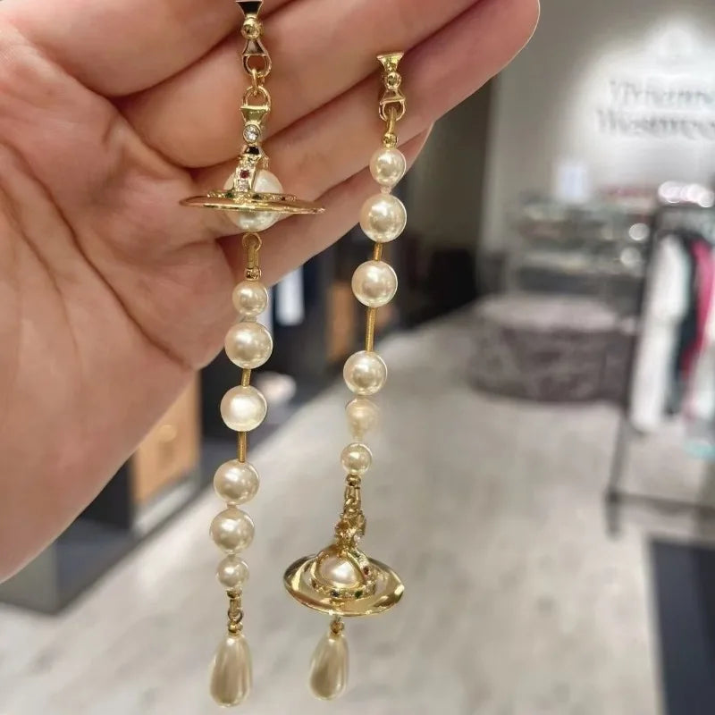 Pearl Saturn Earrings S925 Silver — Queen Retro Inverted European Drop Style — view 3 of earrings