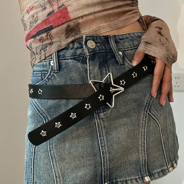 Belts Luxury-style Women's Y2K Belt — Black Waistband with Star Eyelets & Rhinestones — view 1 of belts