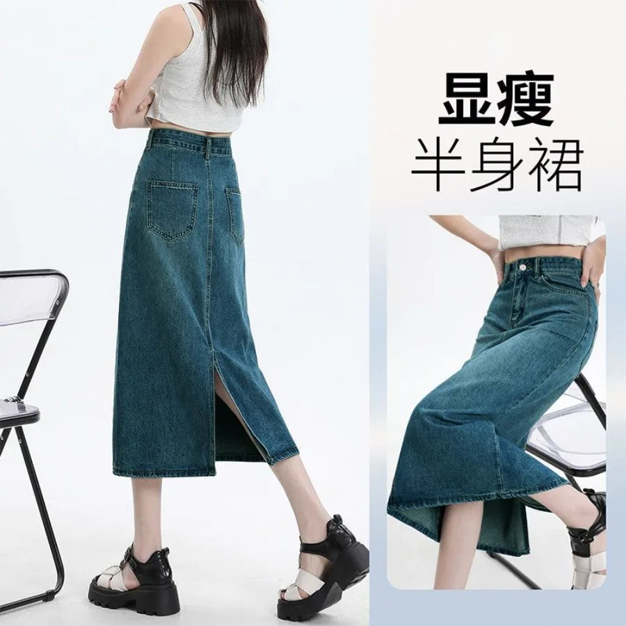 【HOT】New small size medium-length bags covering the flesh covering the -forked retro blue denim bust skirt for women — view 1 of product