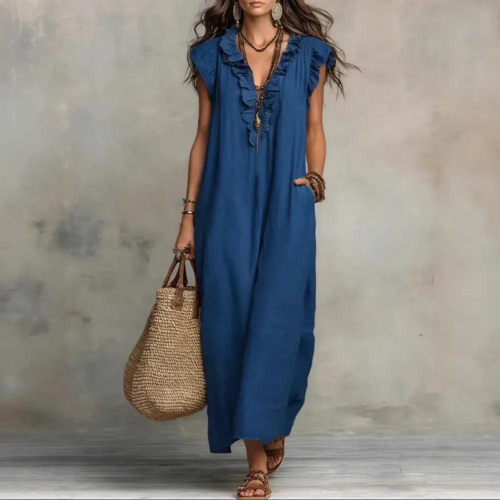 Women's Boho Linen-Blend Ruffle Maxi Dress, V-Neck & Pockets — view 11 of dresses