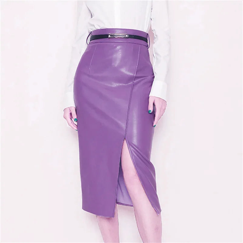 Black Real Sheepskin Skirt Elegant Office Ladies Sexy High Waist Split Bodycon Skirts Fashion Genuine Leather Over Knee Skirts