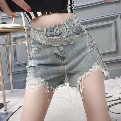 New Golden  diamond heavy wide legged jeans shorts female high hole burrs waist thin hot pants