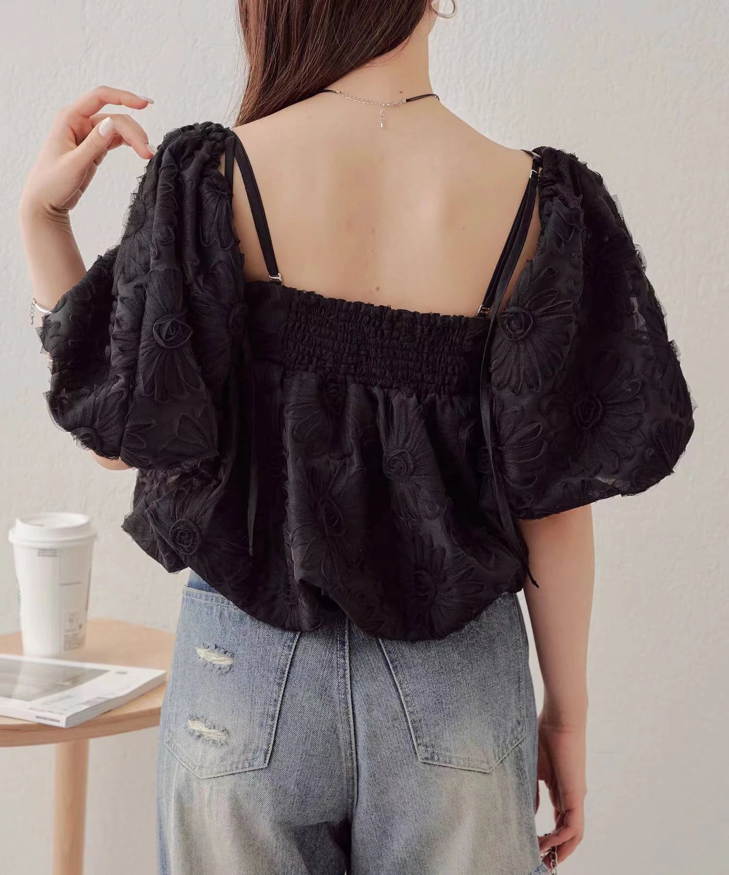 Japanese Elegant Commuter Mesh 3D Cut Flower Square Collar Off-shoulder Puff Sleeve Suspender Tops Short Blouse Shirt For Women