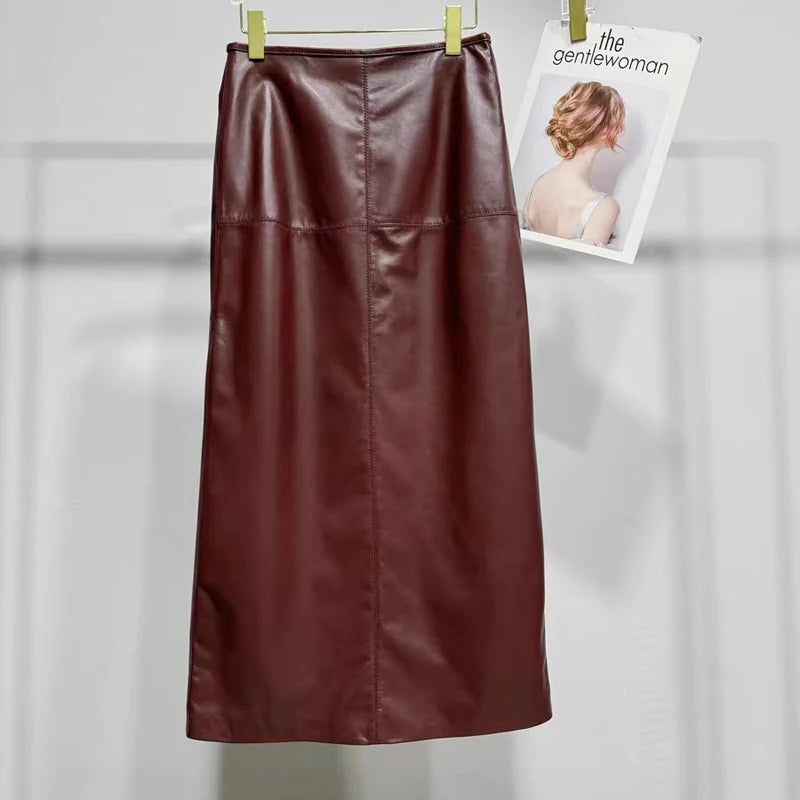 85 cm Long Ankle Length Leather Skirt for Women 100% Leather Straight Skirts Femme Casual Back Split Maxi Jupes Winter Clothing