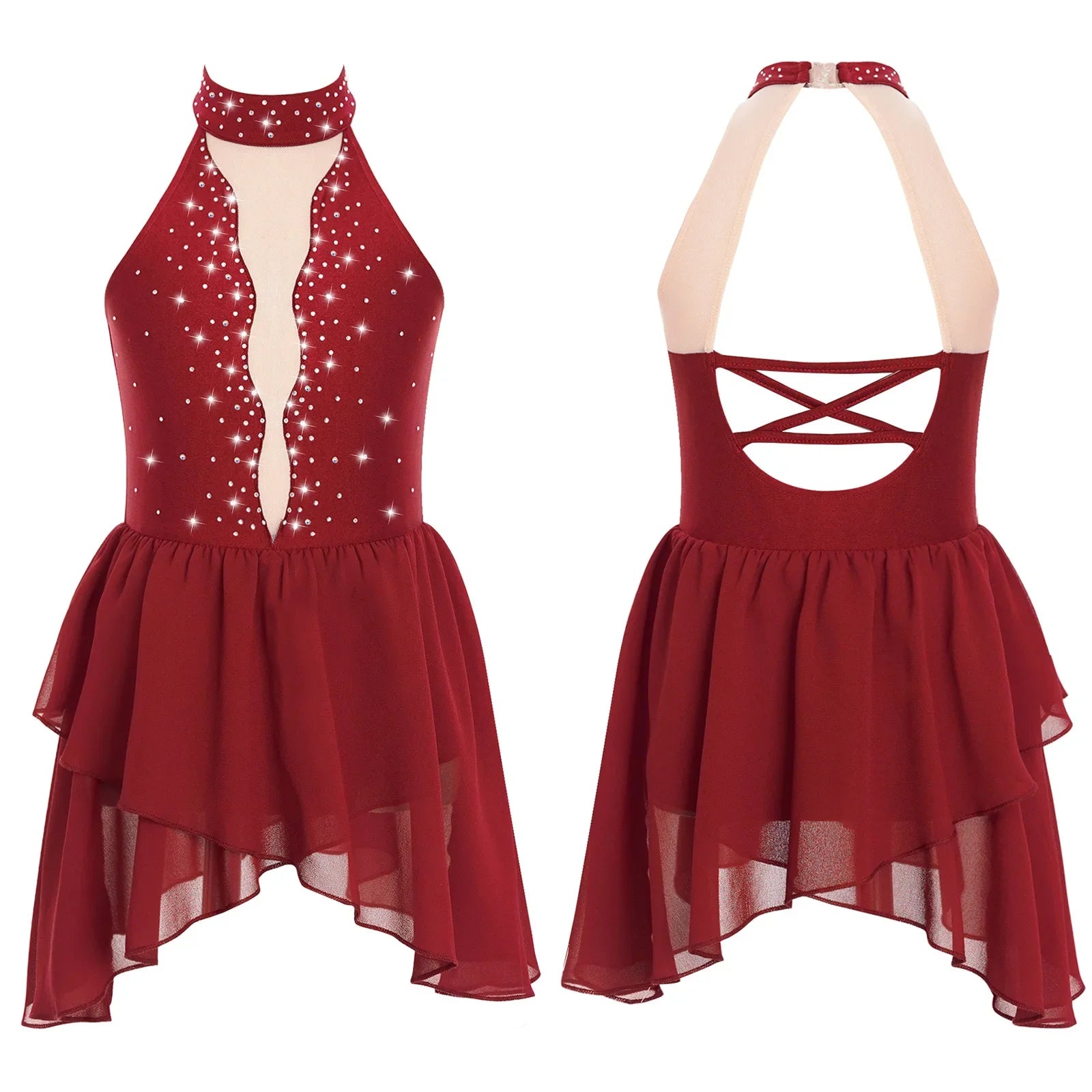 Kids Girls Rhinestone Dance Dress - Ballet Gymnastics Sleeveless Mesh Leotard — view 10 of dance costumes