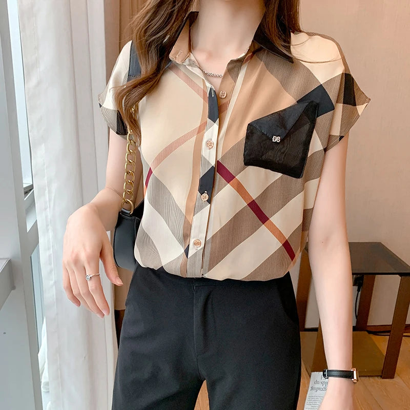 Summer Women's Short Sleeved Lapel Casual Flying Sleeve Printed Versatile Chiffon Tops Womens Blouse Camisas Blusas Mujer A968