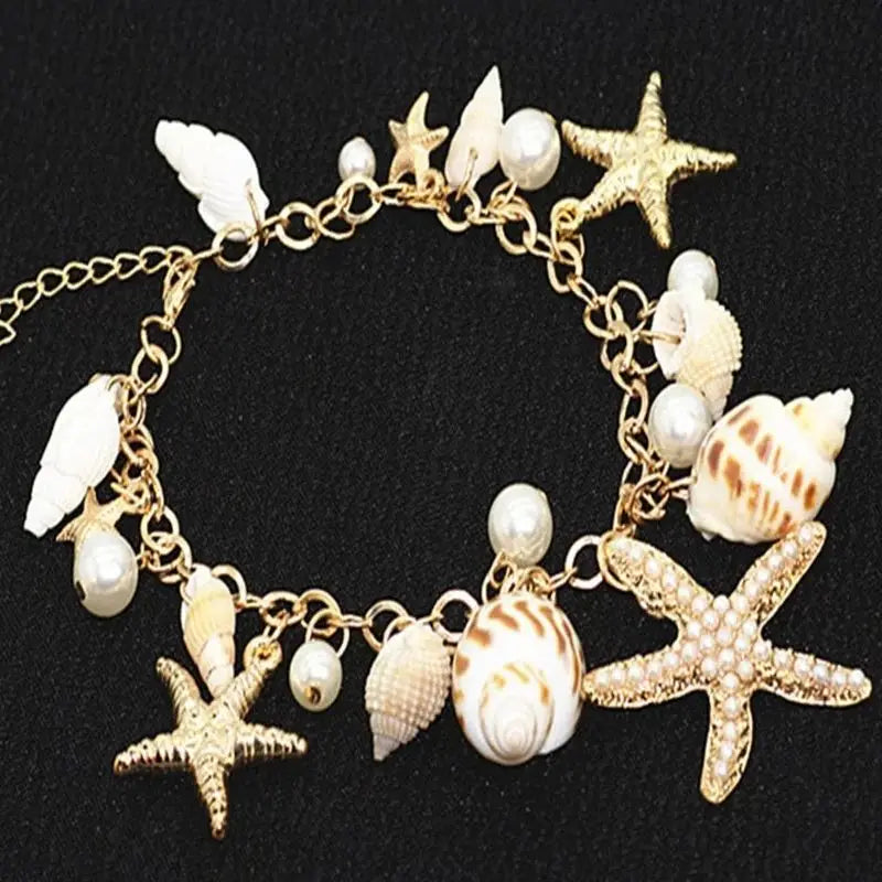 Gold Starfish & Seashell Charm Bracelet — Dainty Beach Jewelry for Women — view 4 of jewelry
