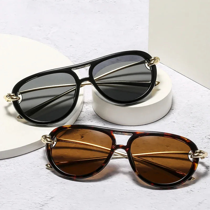 Double-Bridge Pilot Sunglasses Y2K — Ins Popular Aviator Oval Hollow UV400 Designer Shades — view 3 of sunglasses