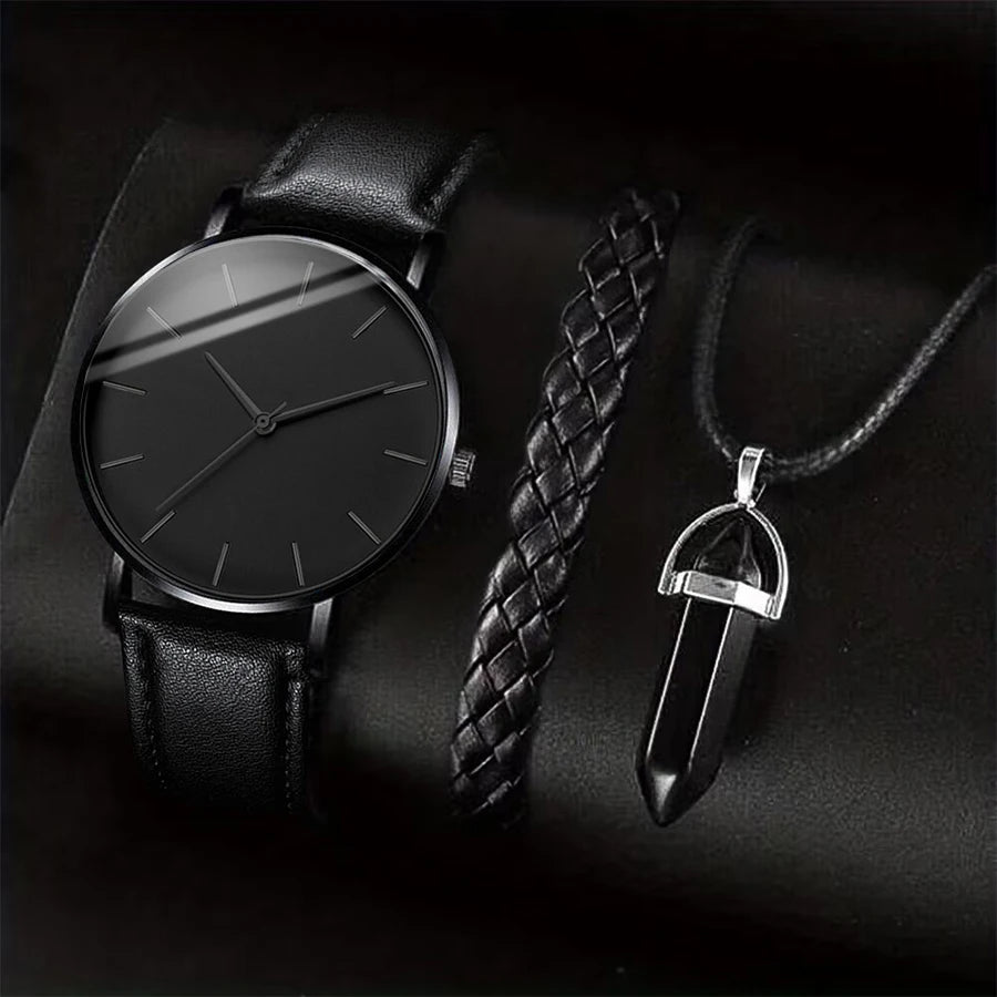 Men's 3pc Business Watch Gift Set — Leather Quartz Wristwatch, Necklace & Bracelet — view 6 of watches
