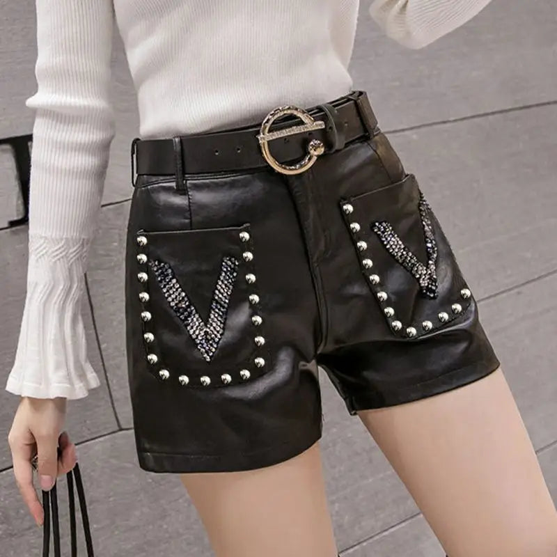 Women PU Leather Autumn Shorts With Belted Chic High Waist A-line Office Shorts Casual Loose Women Straight Trousers LX564