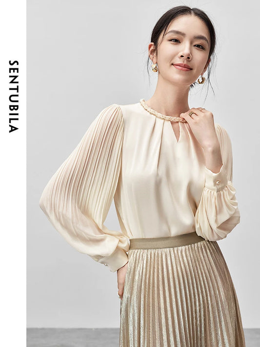 SENTUBILA Women French Hollow Out Blouse   2024 Autumn Chiffon Straight Woven O Neck Lantern Sleeve  Tops 143V56037