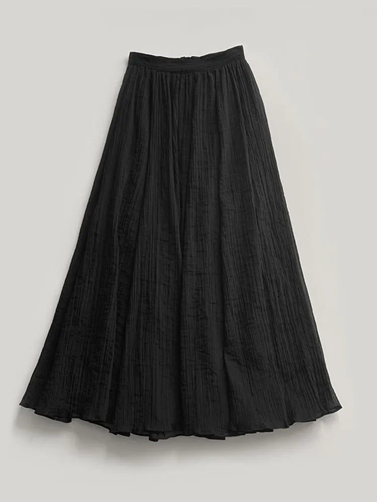 Women's High Waisted Lightweight Mid-Calf Skirt 2024 Summer Female Pleated White or Black A-Line Jupe