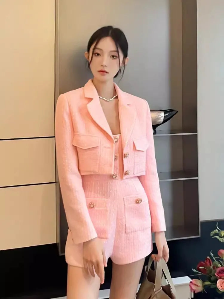 Office Lady Fashion Long Sleeve Pink Tweed Jacket Suspenders Playsuits Two Piece Set Sweet Women Spring Autumn Matching Sets