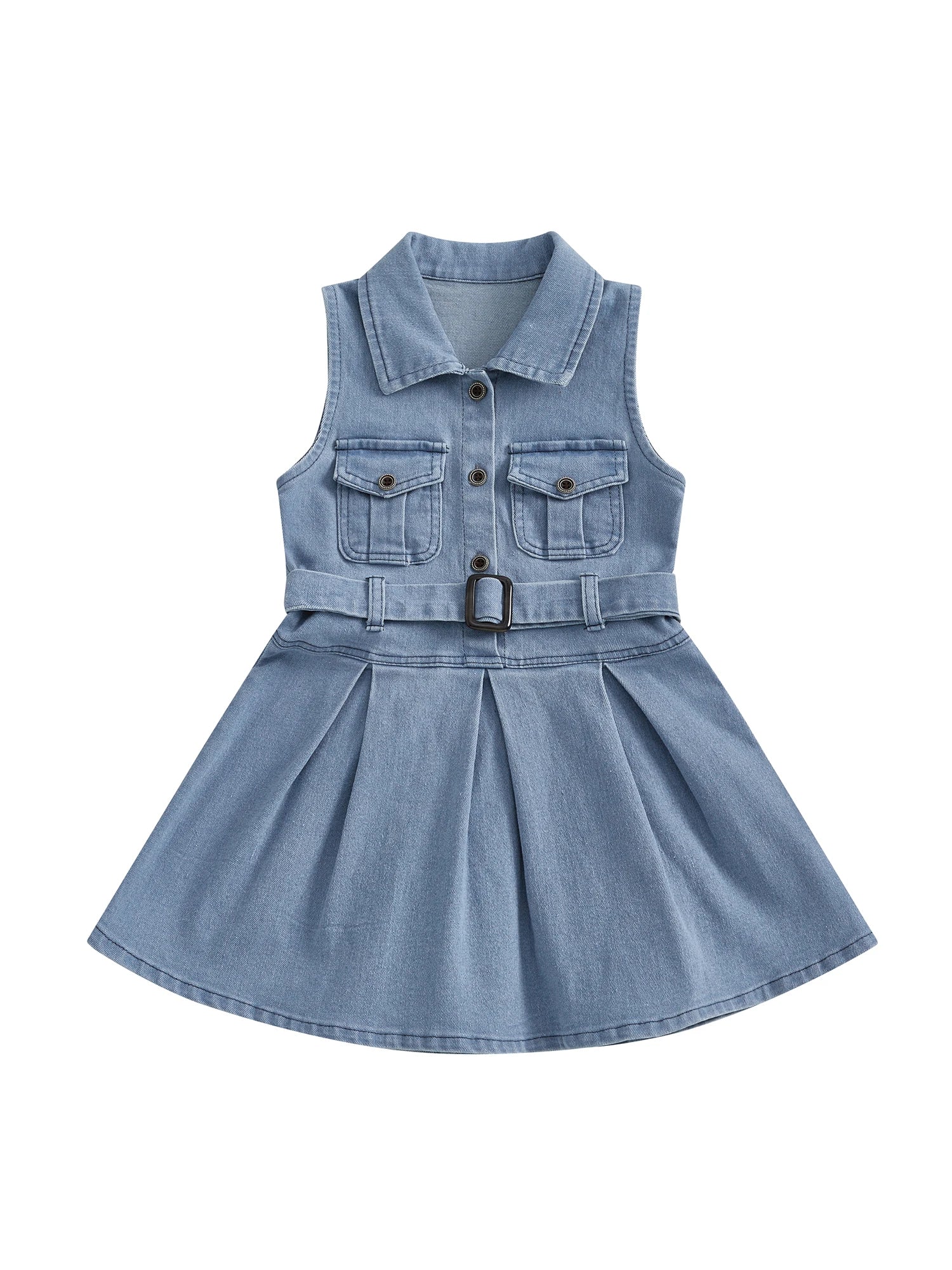 Girls Denim Dress with Belt - Y2K Sleeveless Button-Front Toddler Dress — view 4 of girls dresses