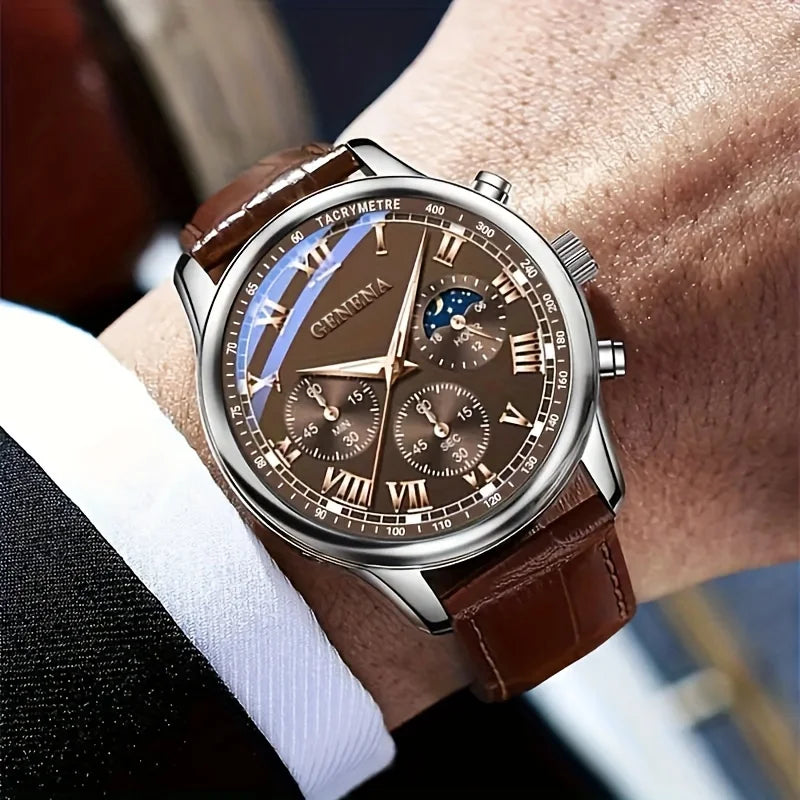 GENEVA Men's Luxury Belt Watch — Round Business Sport Waterproof Quartz Wristwatch — view 3 of watches