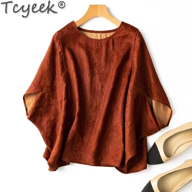 Tcyeek 100% Real Mulberry Silk T-shirts for Women 2024 Elegant Women's Blouses Loose Fit Top Female Summer Clothes Топ Женский