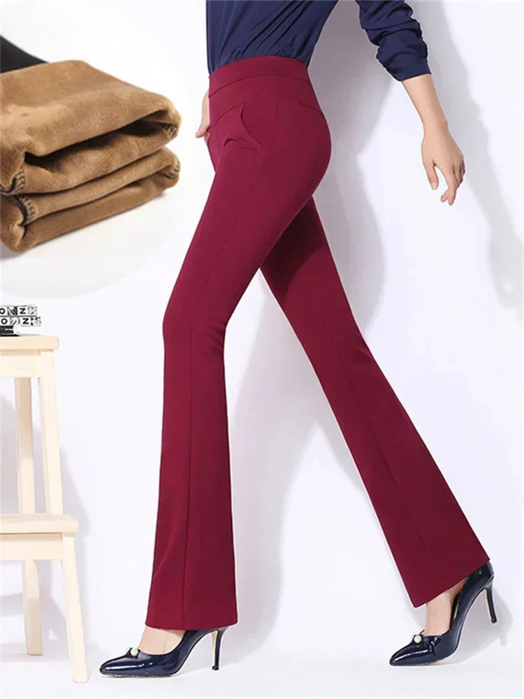 Women Winter Warm wide leg pants Velvet Thick Trousers High Waist Elastic Middle aged Mother Stretch flare Pants clothes 5XL