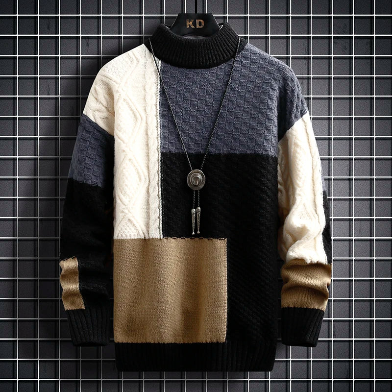 2023 Autumn Winter Men Sweater Warm Fashion Stitching Color Matching