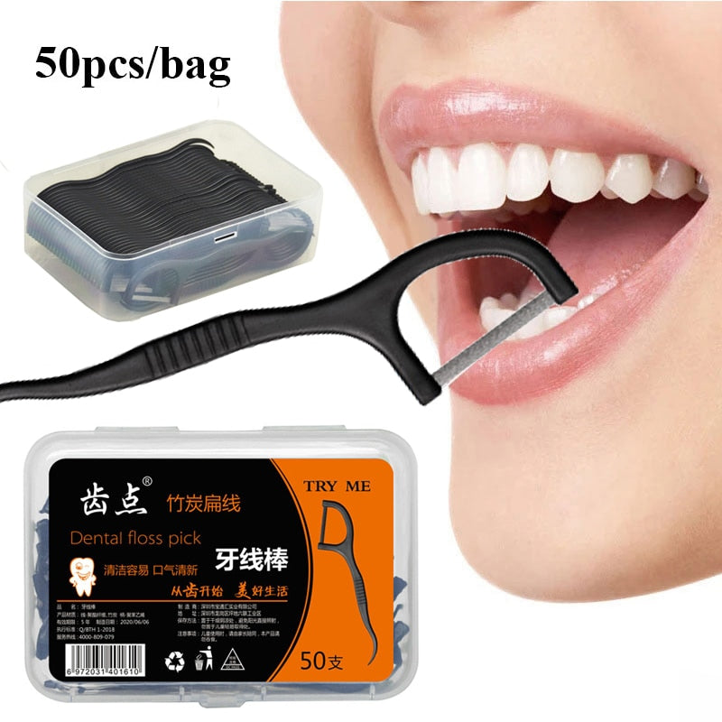 2023 New 50pcs Flat Dental Floss Black Teeth Picks