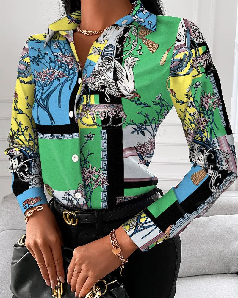 Women casual office printed shirt spring and autumn fashionable button up long sleeved shirt elegant splicing slim fit top women