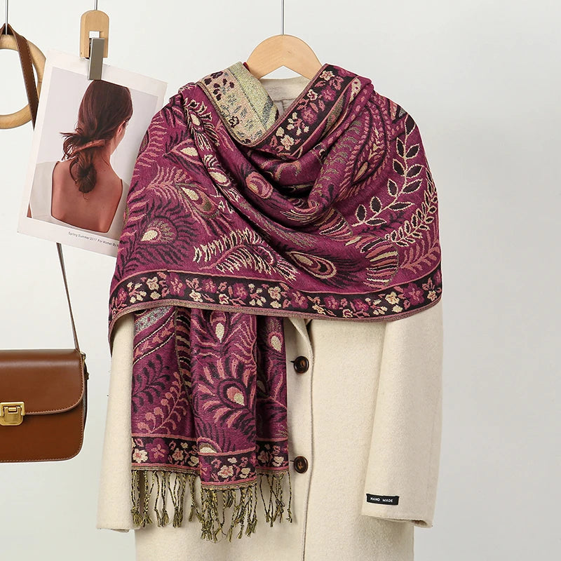 Cashmere-Feel Paisley Scarf Luxury-inspired — Tassel Hijab Pashmina Shawl Wrap, Blue Palette — view 7 of scarves & wraps